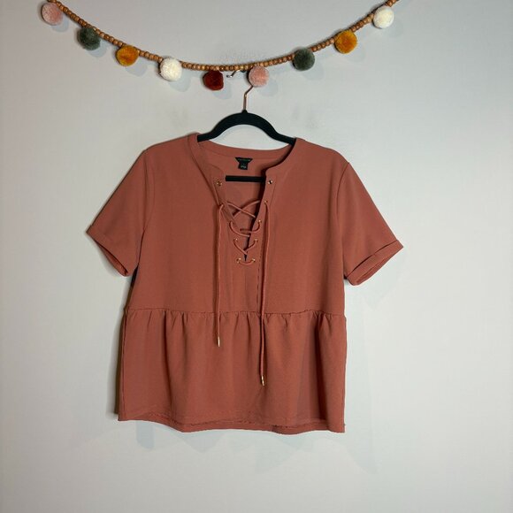 Ann Taylor Lace Up Peplum Top In Romantic Rouge - Picture 2 of 5